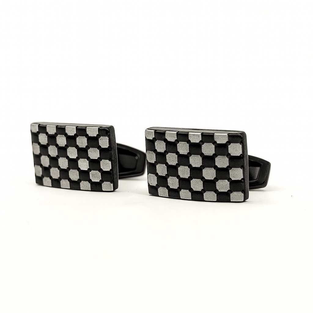 Black & Silver Rectangular Checkered Cufflinks – Modern Men’s Luxury Accessory - Andaaz Hub
