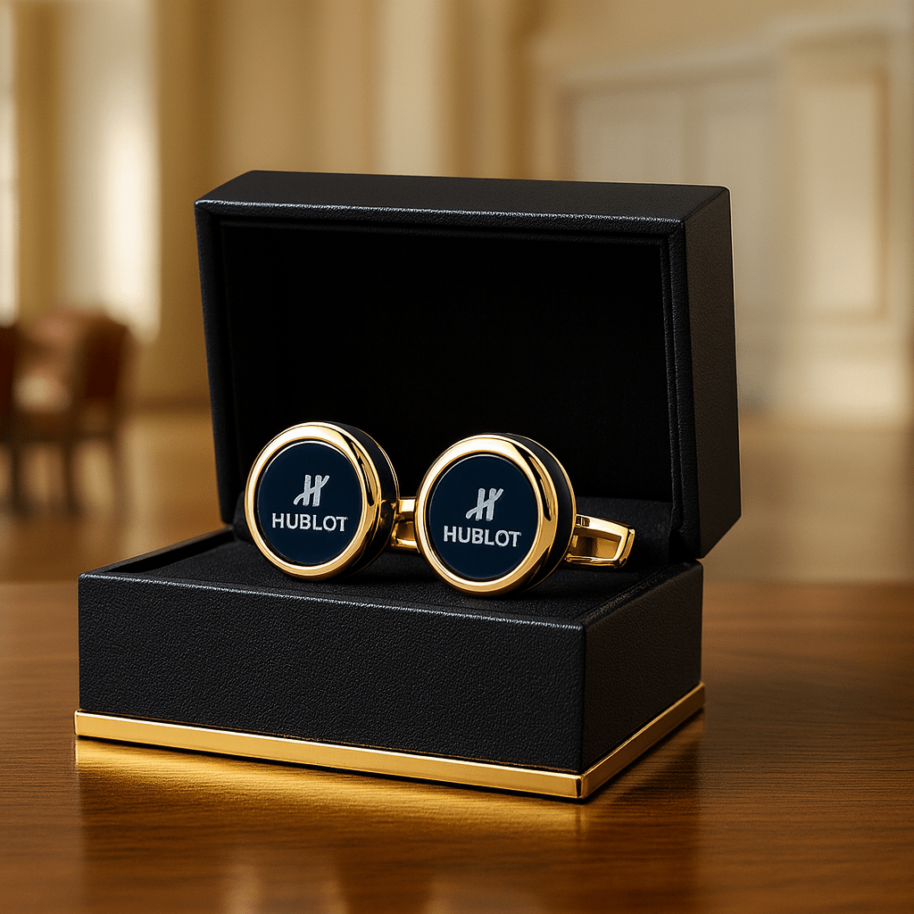 Luxury Black & Gold Hublot Round Cufflinks – Men’s Designer Accessory - Andaaz Hub