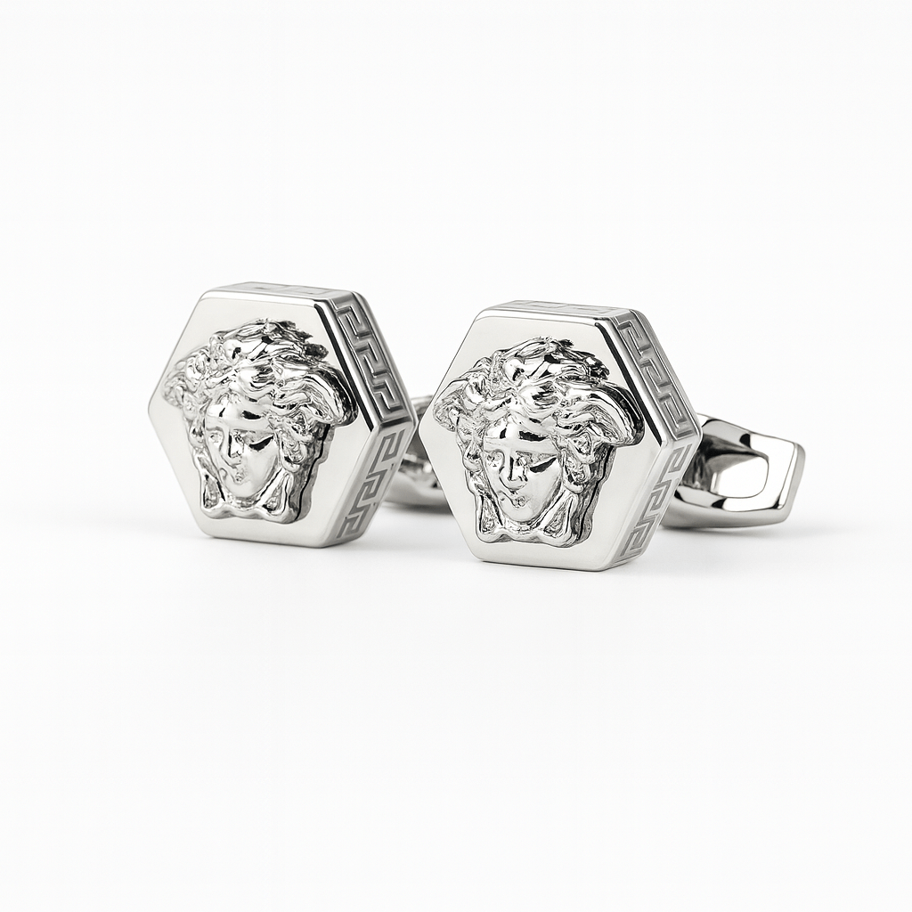 Silver Hexagon Medusa Cufflinks – Luxury Designer Men’s Accessory - Andaaz Hub