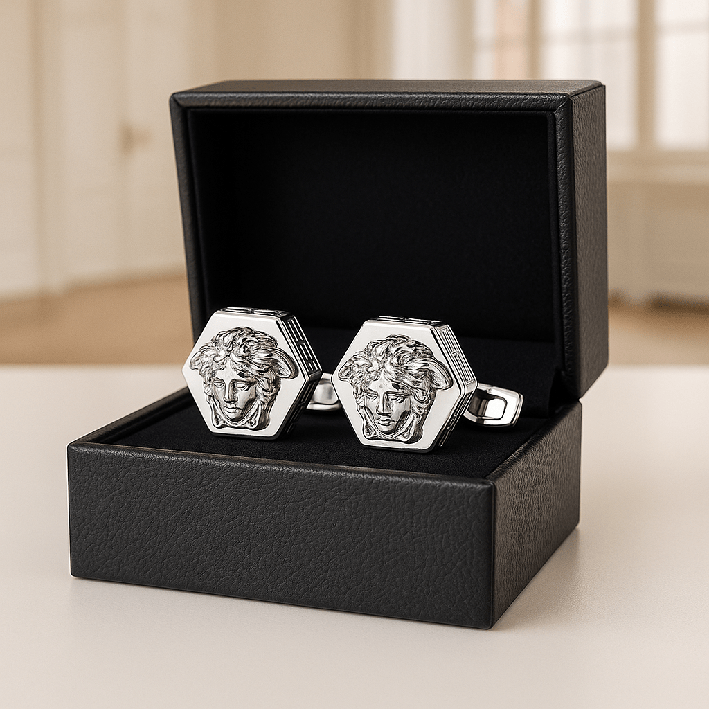 Silver Hexagon Medusa Cufflinks – Luxury Designer Men’s Accessory - Andaaz Hub