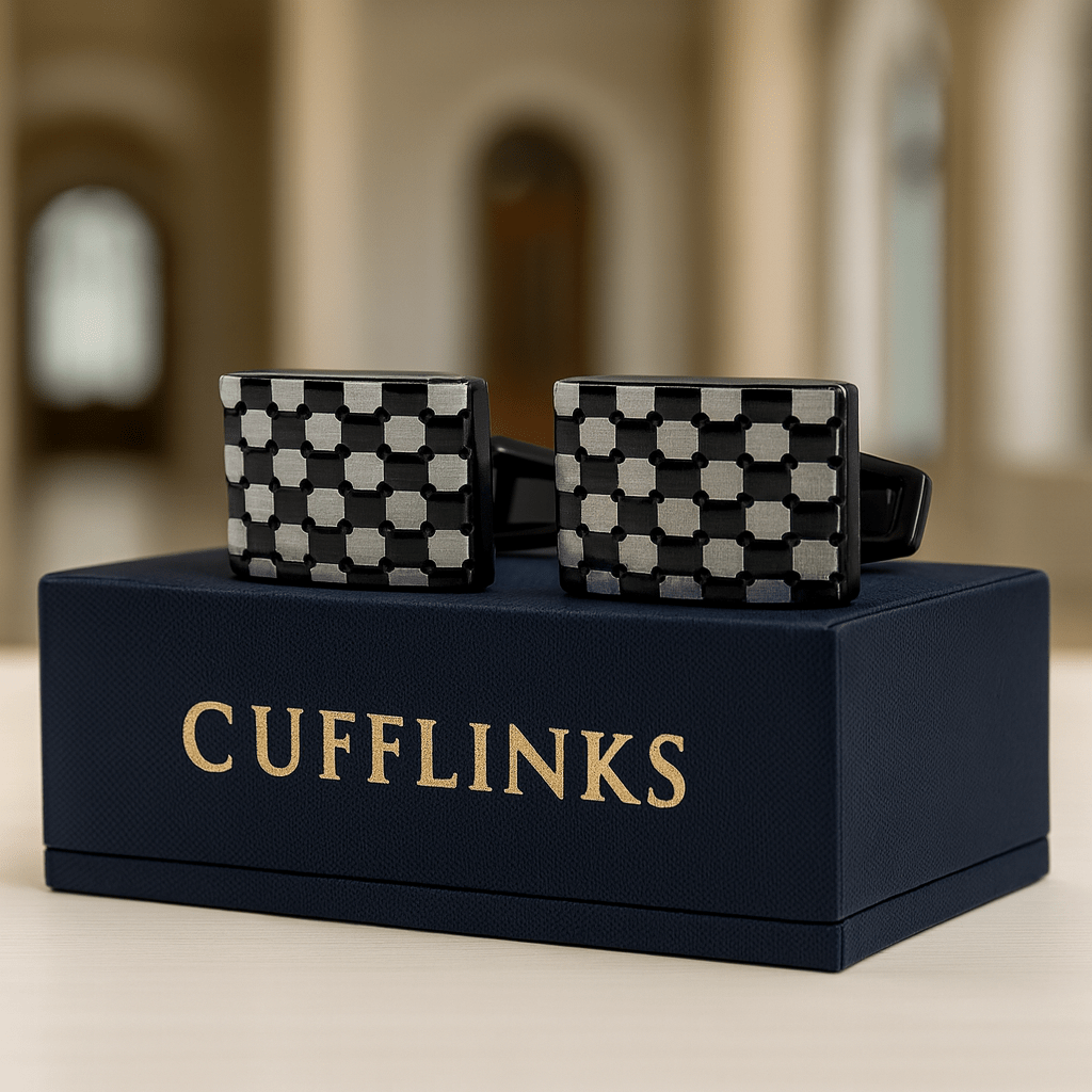 Black & Silver Rectangular Checkered Cufflinks – Modern Men’s Luxury Accessory - Andaaz Hub