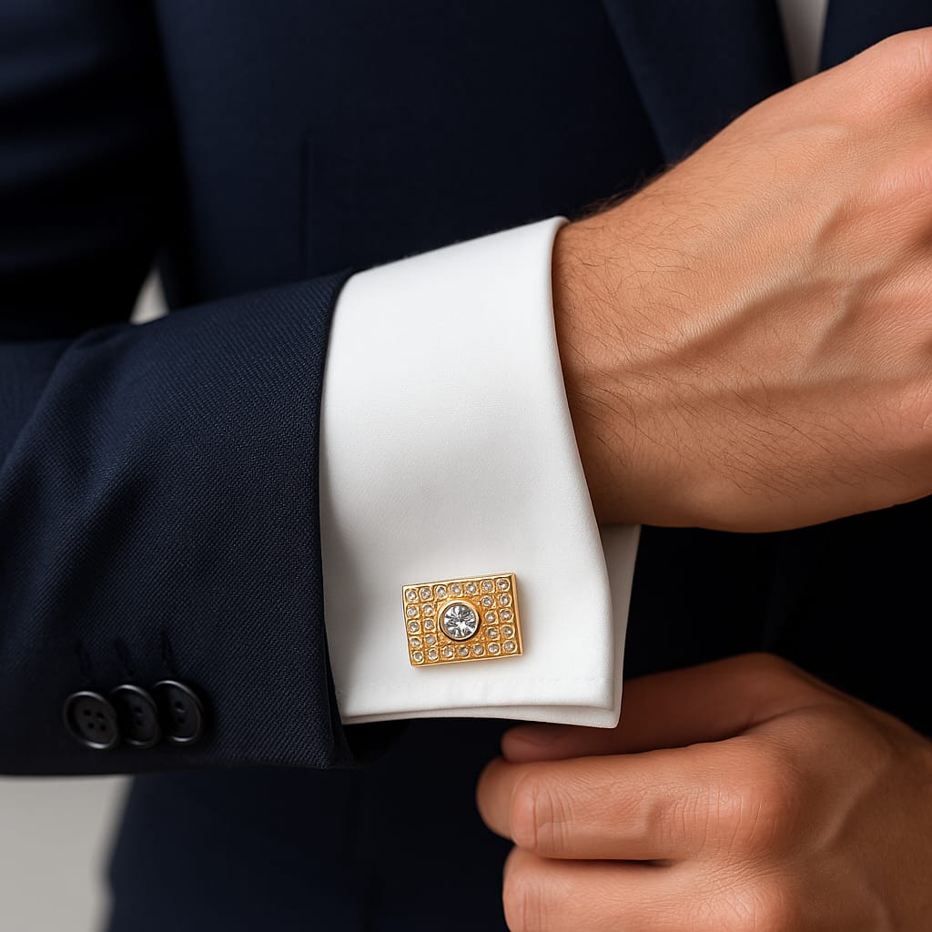 Regal Gold Rectangular Crystal Cufflinks – Clear Diamond Center - Andaaz Hub
