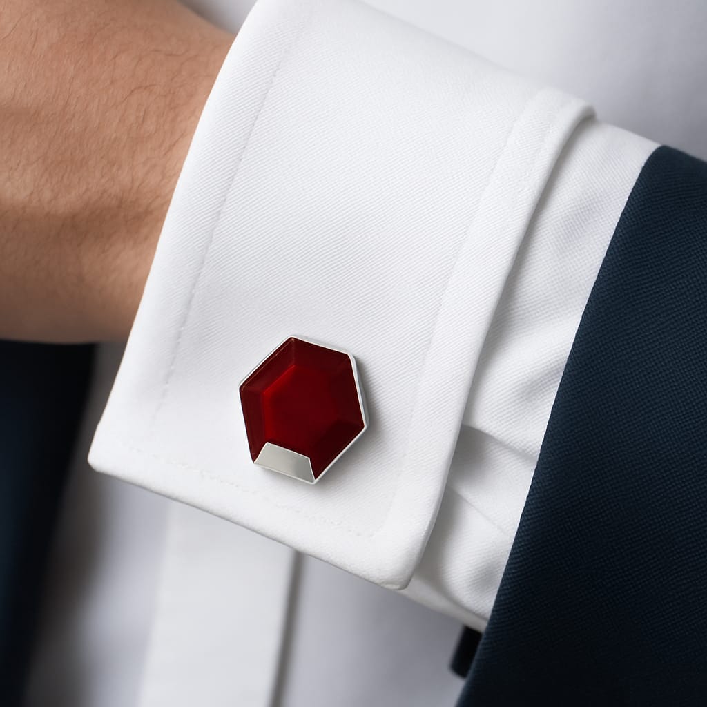 Hexagon Red Crystal Silver Cufflinks - Andaaz Hub